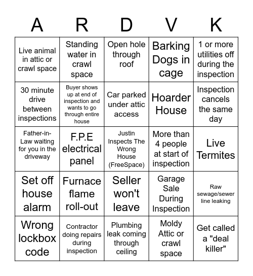 Aardvark Home Inspector's Bad Day Bingo Card