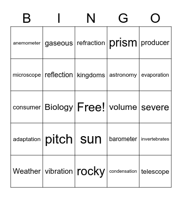 4th Grade Science Bingo Card