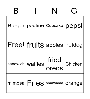 Foodie Bingo Card