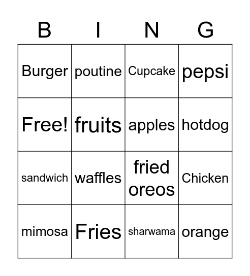 Foodie Bingo Card