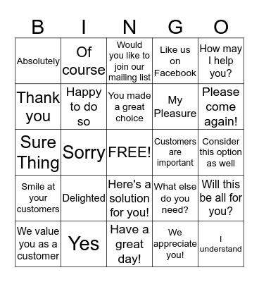 GREAT Customer Service = Customer Loyalty Bingo Card