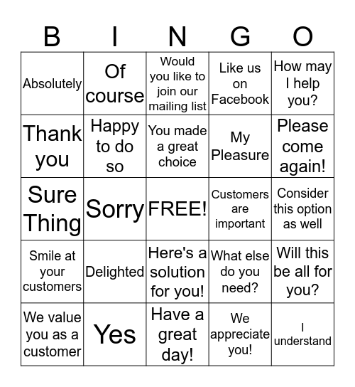 GREAT Customer Service = Customer Loyalty Bingo Card