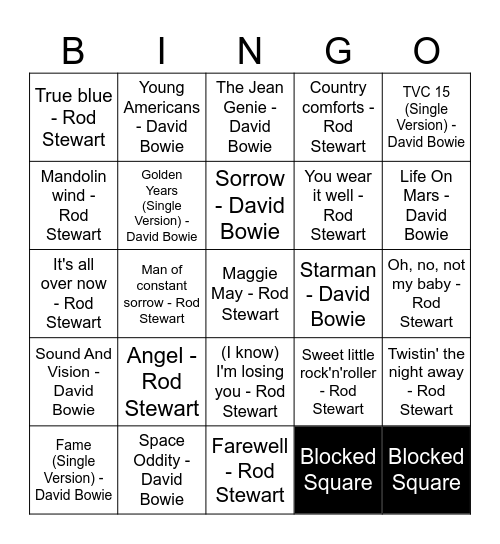 Rod Steward vs David Bowie (Whammy) Bingo Card