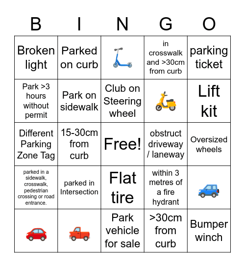 Withrow Parking Bingo Card