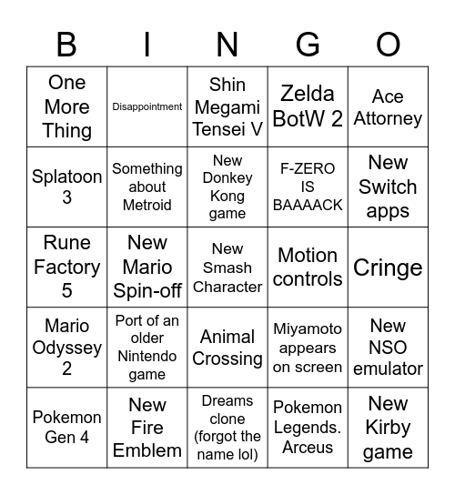 Nintendo Bingo Card