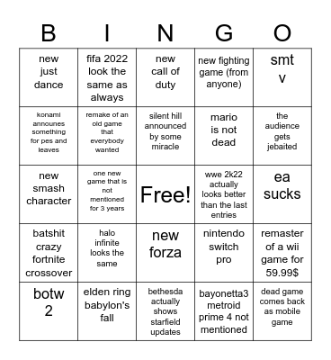 E3 2021 Bingo Card