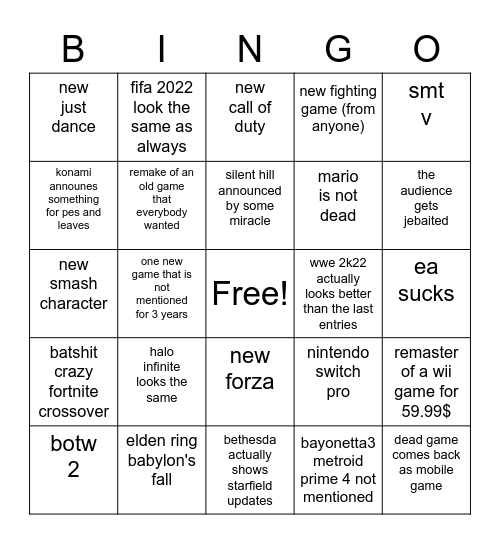 E3 2021 Bingo Card