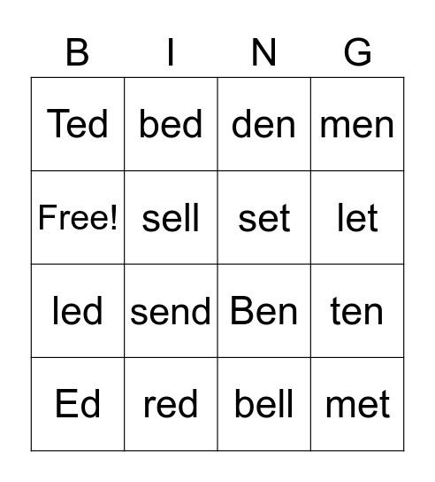 Letter E Bingo Card