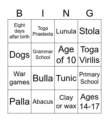 Children in Ancient Rome Bingo Card