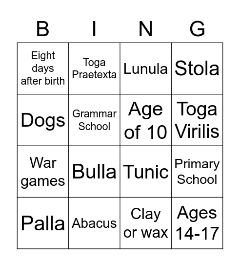 Children in Ancient Rome Bingo Card