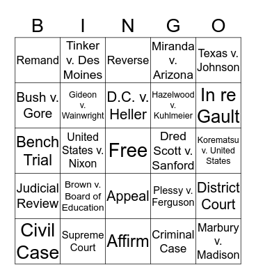 Supreme Court Cases Bingo Card