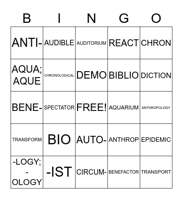 WORD PARTS Bingo Card