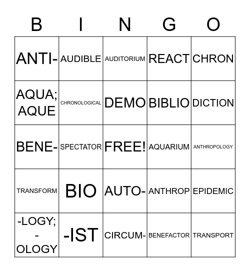 WORD PARTS Bingo Card