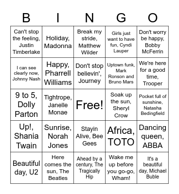 Happiness Songs Bingo Card