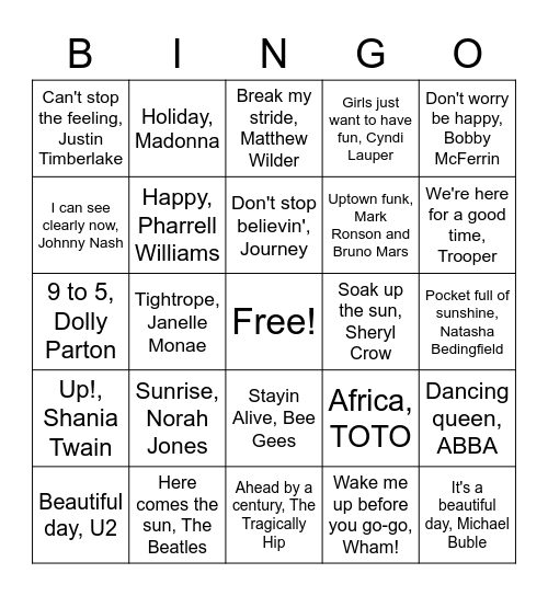Happiness Songs Bingo Card