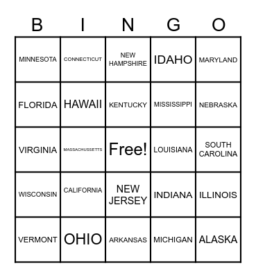 50 STATES BINGO Card