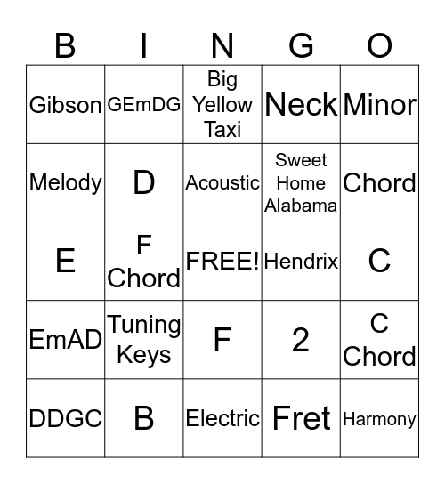 8th Grade Guitar BINGO Card