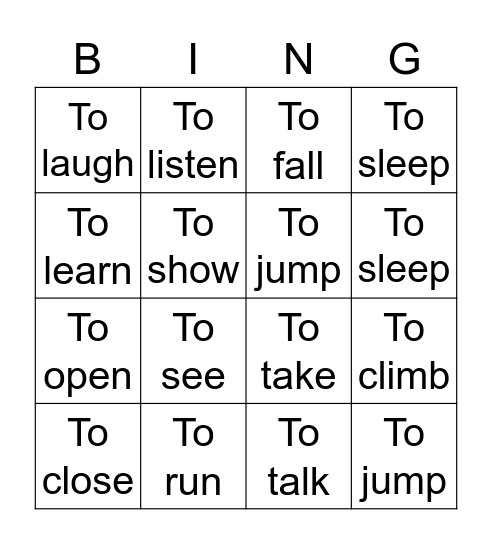 Infinitive Bingo Card