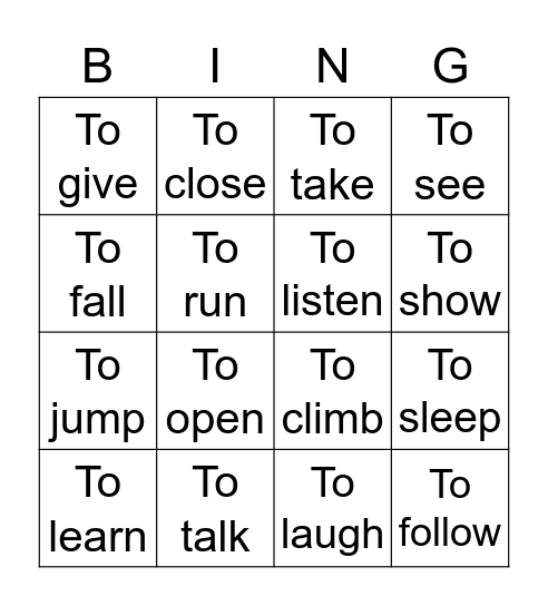 Infinitive Bingo Card