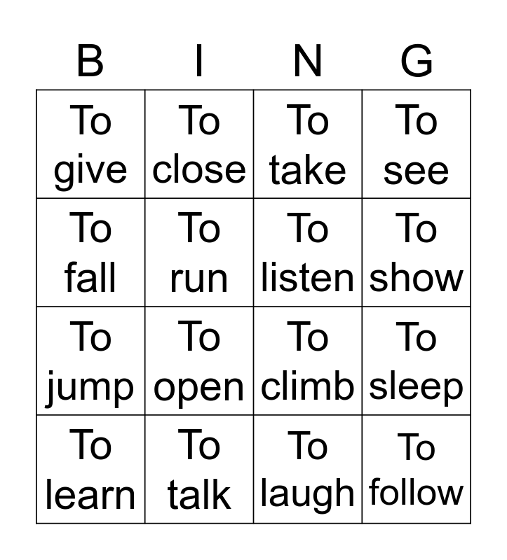 Infinitive Bingo Card