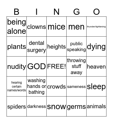 PHOBIAS Bingo Card