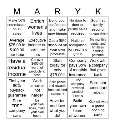 Mary Kay Shamrock Beauty Bingo Card