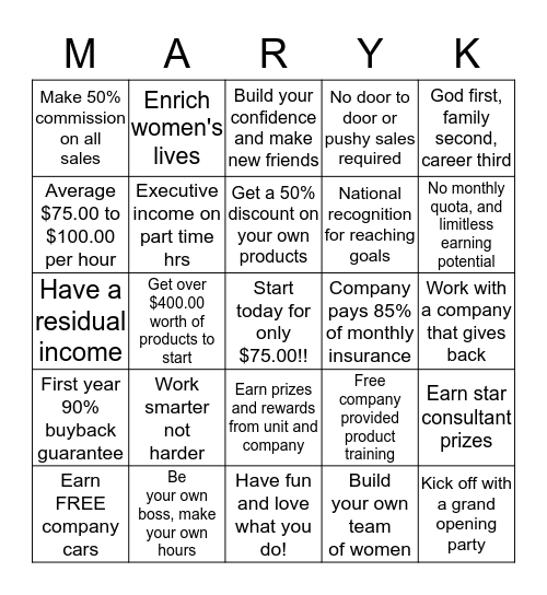 Mary Kay Shamrock Beauty Bingo Card