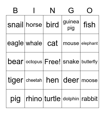 animal bingo Card