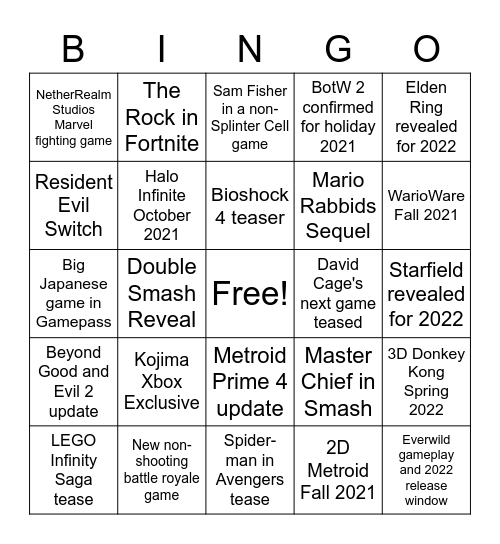 E3 / SGF Kick Off Live Bingo Card
