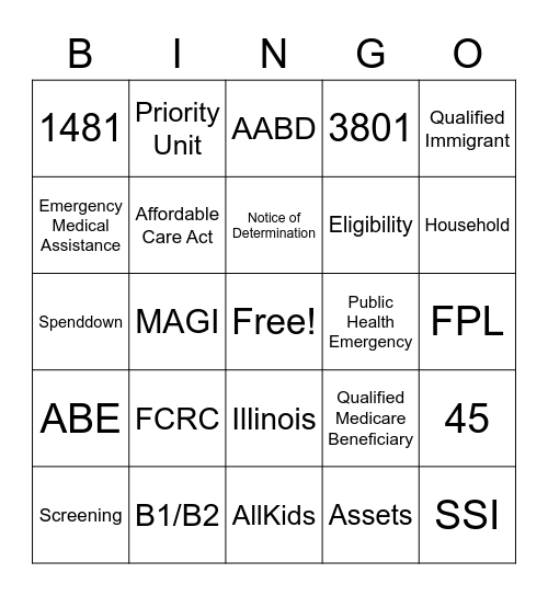 Medicaid Challenge Bingo Card