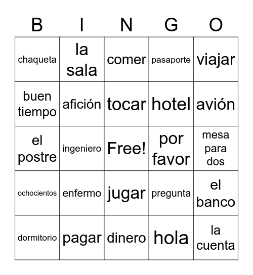 Spanish II End of semester Bingo Card