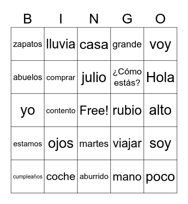 Spanish I End of semester Bingo Card