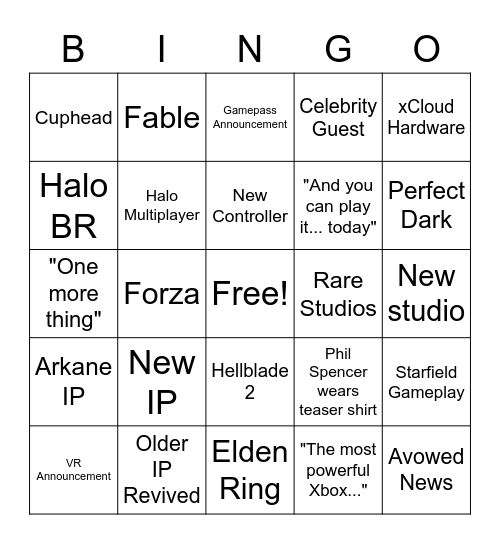 Xbox / Bethesda 2021 Bingo Card