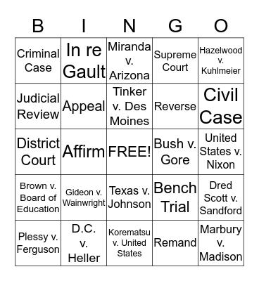 Supreme Court Cases Bingo Card