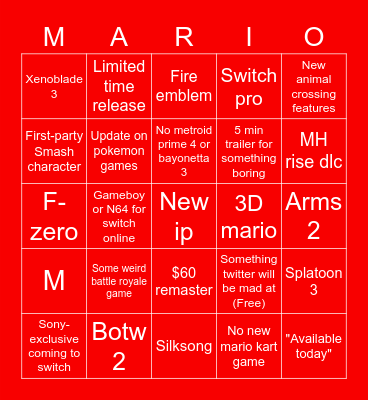 Nintendo E3 2021 Bingo Card