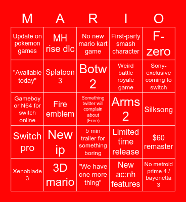 Nintendo E3 2021 Bingo Card