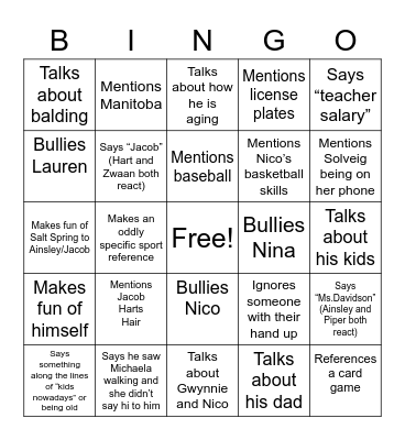 Mr Warner Bingo Card
