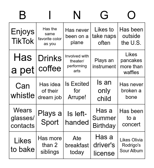 Introducing Me Bingo Card