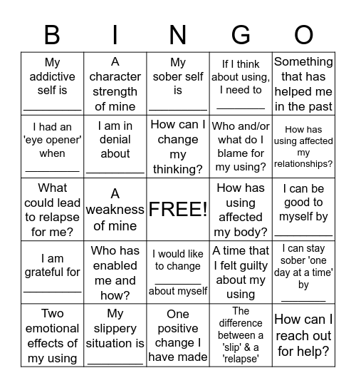 Substance Abuse Recovery BINGO  Bingo Card