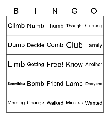 Spelling Words Bingo Card