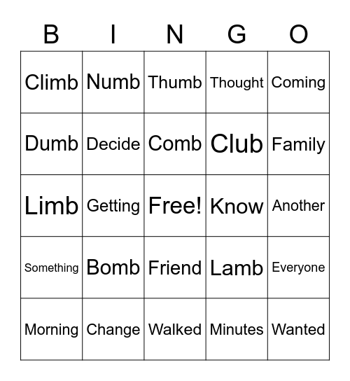 Spelling Words Bingo Card
