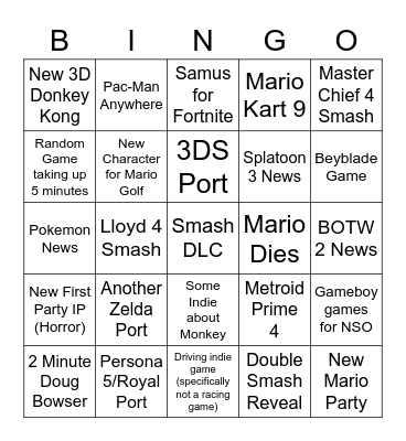 Nintendo E3 Bingo Card