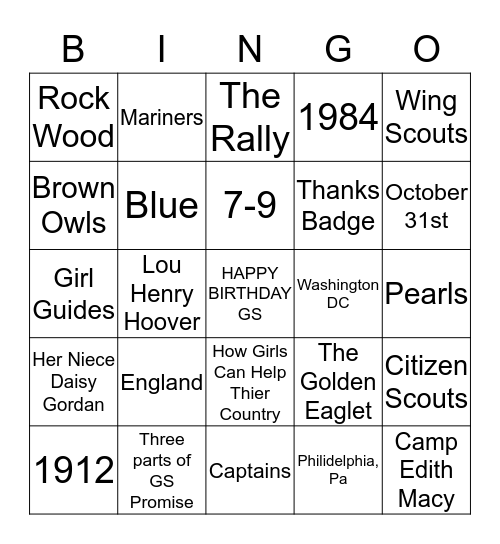 Girl Scout Bingo Card