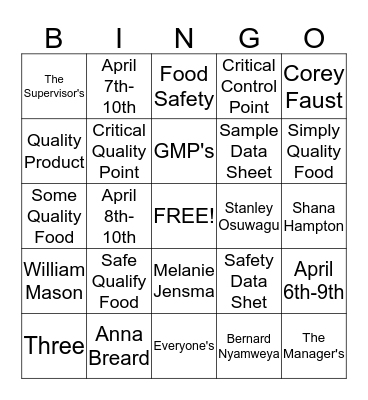 SQF Bingo Card