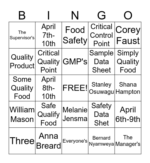 SQF Bingo Card