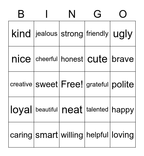 Adjectives Bingo Card