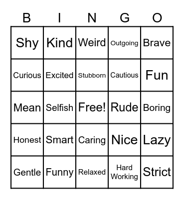 Personality Bingo Card