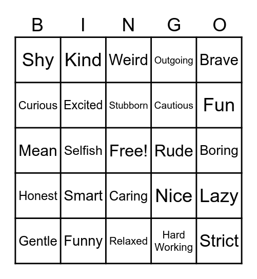 Personality Bingo Card