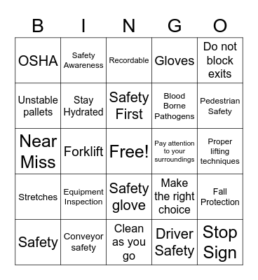 Safety Bingo Card