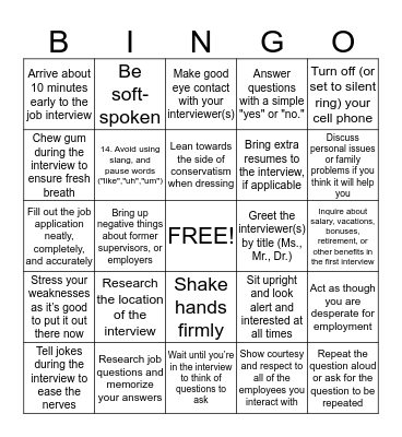 "Do" & "Don't" BINGO Card